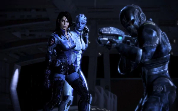 Mass Effect 3 HD PC wallpaper: Liara T'Soni and Ashley Williams stand together while an armored soldier aims a rifle in a dark ship interior.