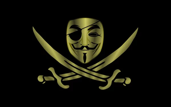 An HD desktop wallpaper featuring a golden skull mask with crossed swords, symbolizing themes of technology and anonymity against a black background.