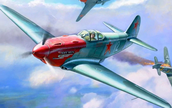 HD PC desktop wallpaper featuring a military aircraft with a red nose and star insignia flying among clouds during an aerial battle.