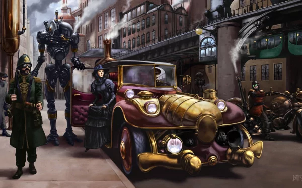 A vibrant steampunk scene featuring a vintage car, a robot, and elegantly dressed figures, set against an intricate city backdrop. This HD wallpaper captures the essence of sci-fi adventure.