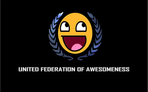 Funny smiley face with wide eyes and open mouth, framed by laurel wreath, above the bold text UNITED FEDERATION OF AWESOMENESS in this HD PC desktop wallpaper.