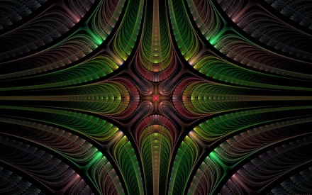 Abstract pattern with intricate green and dark red layered designs, creating a symmetrical, detailed composition for an HD PC desktop wallpaper and background.