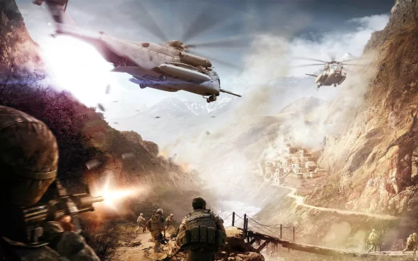 A dramatic scene featuring military helicopters soaring above a mountainous landscape, with soldiers engaged in action below. This HD wallpaper captures intense combat dynamics.