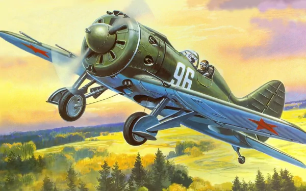 HD desktop wallpaper featuring a detailed illustration of a vintage military aircraft flying over a forested landscape during sunset.