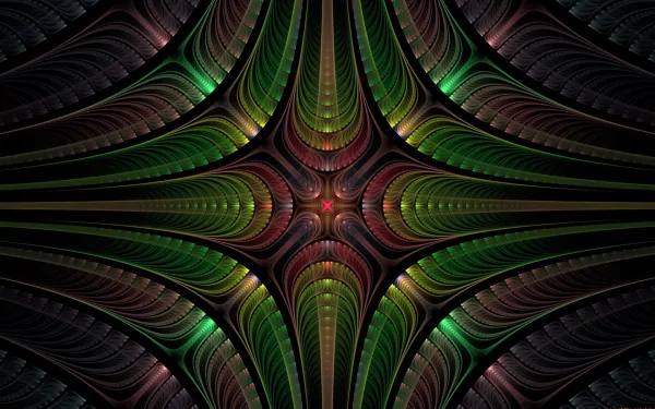Abstract pattern with intricate green and dark red layered designs, creating a symmetrical, detailed composition for an HD PC desktop wallpaper and background.