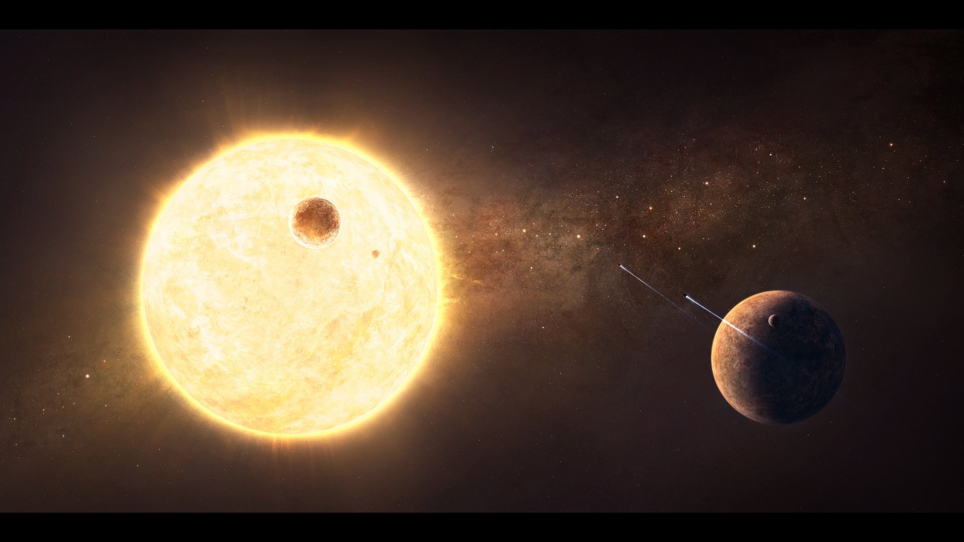 HD sci-fi desktop wallpaper depicting a bright sun with a planet orbiting and another planet in the foreground against a dark space background.