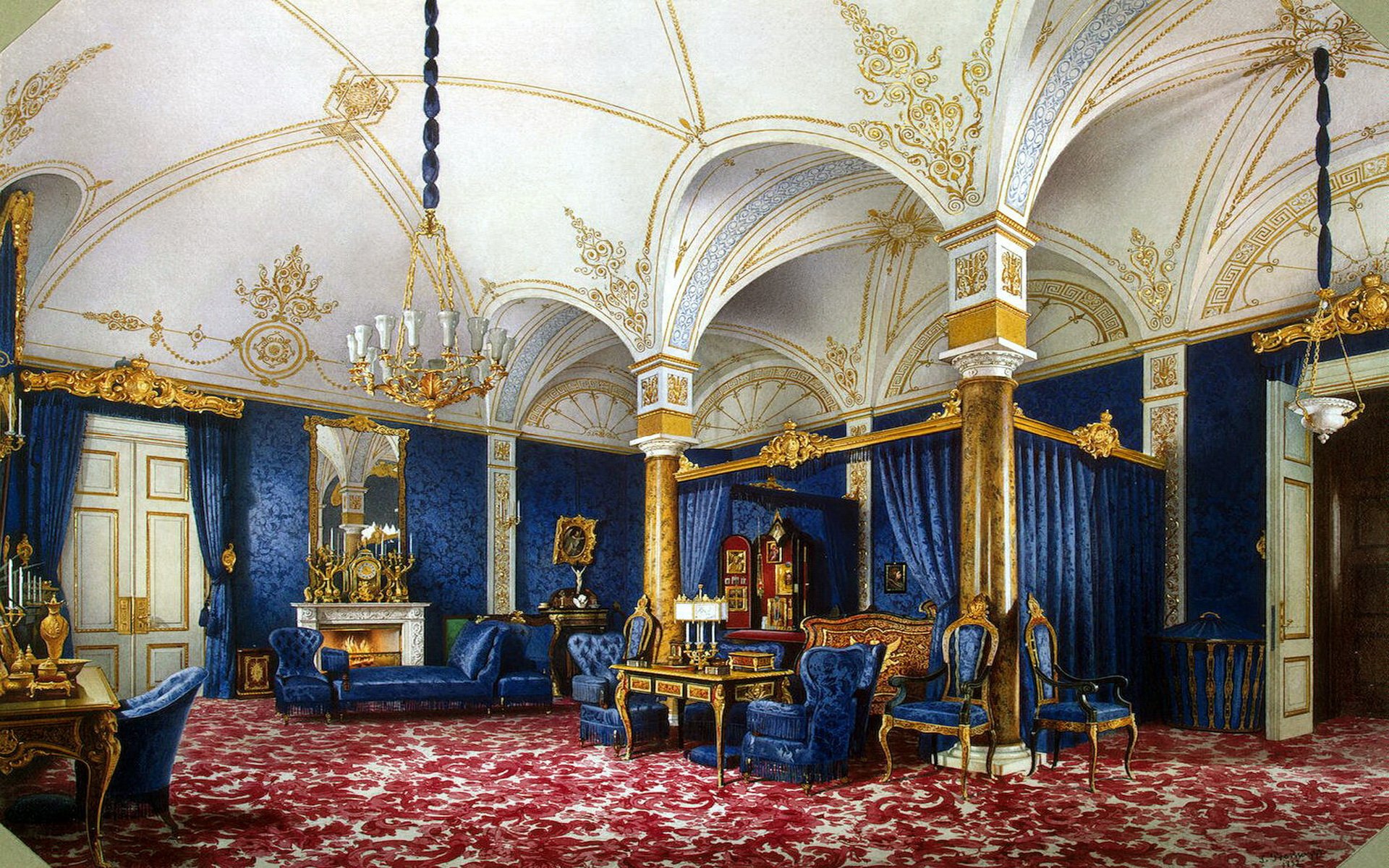 Ornate room featuring intricate gold and white ceiling arches, deep blue walls and furnishings, and a rich red carpet, captured in HD for a detailed PC desktop background.