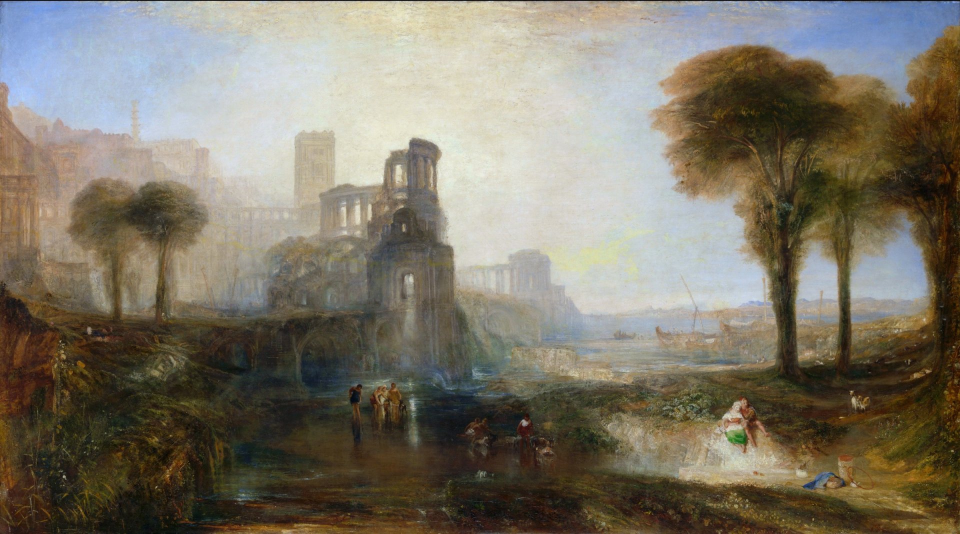 Artistic oil painting depicting a serene coastal scene with classical ruins, trees, and figures, presented as a detailed HD PC desktop wallpaper and background.