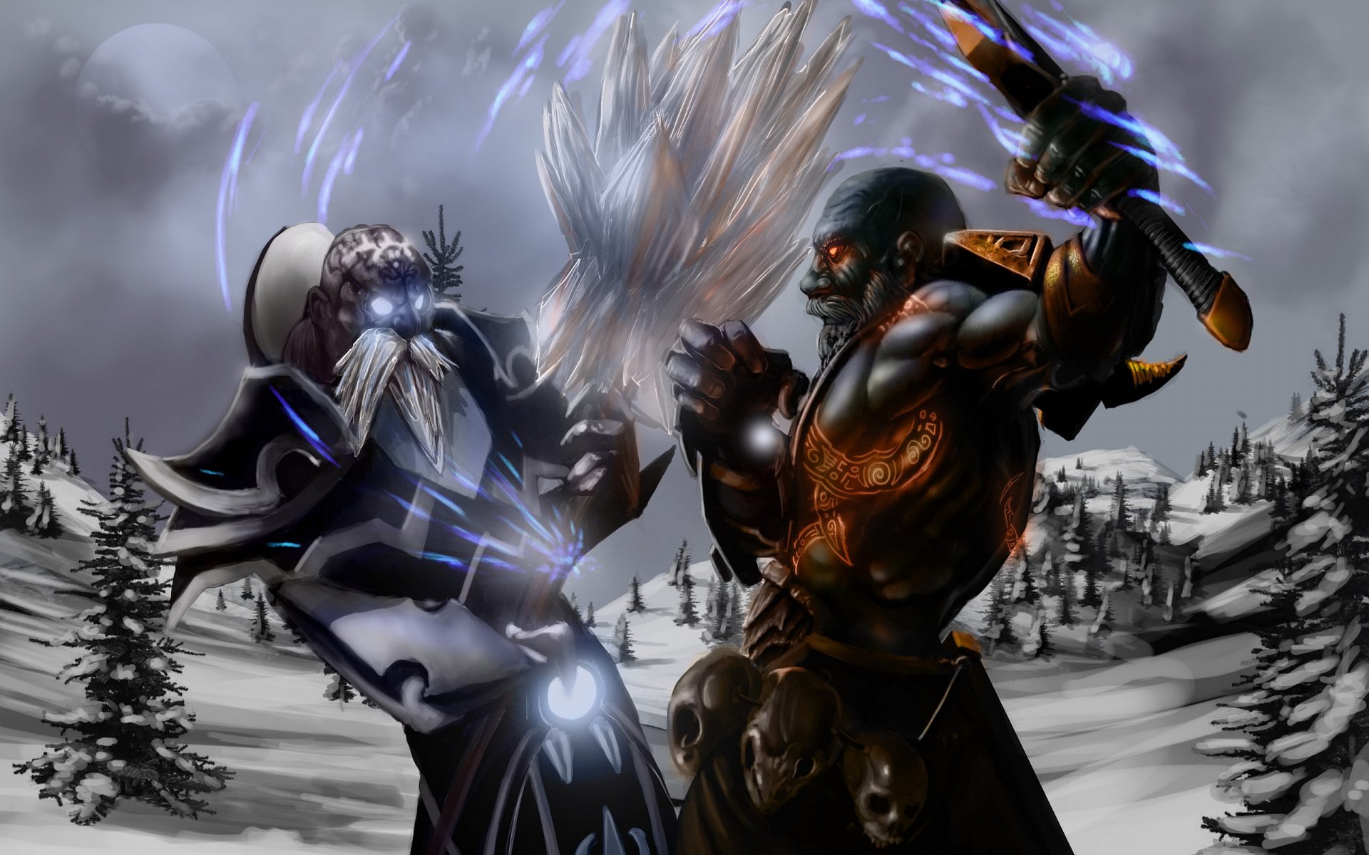 Heroes of Newerth 2K Quad HD PC desktop wallpaper/background: armored dark warrior and robed ice mage clash with glowing magic amid a snowy battlefield.