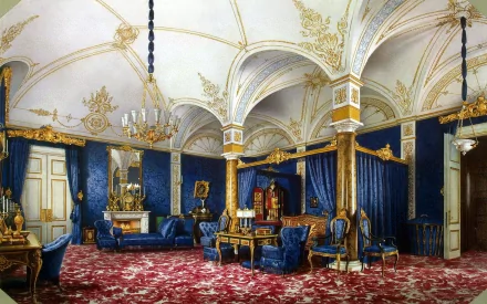 Ornate room featuring intricate gold and white ceiling arches, deep blue walls and furnishings, and a rich red carpet, captured in HD for a detailed PC desktop background.