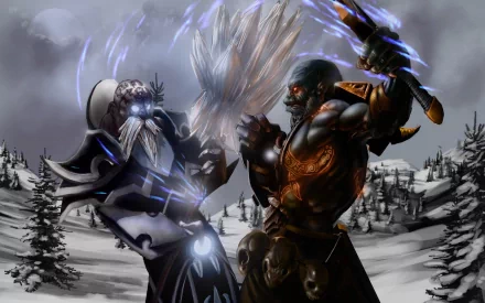 Heroes of Newerth 2K Quad HD PC desktop wallpaper/background: armored dark warrior and robed ice mage clash with glowing magic amid a snowy battlefield.