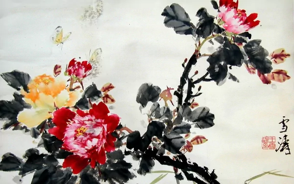 Artistic Chinese art featuring vivid red and orange peonies with black leaves, accompanied by delicate butterflies, presented as an HD PC desktop wallpaper and background.