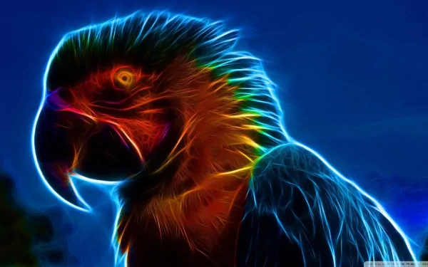 HD PC desktop wallpaper featuring a vibrant, neon-style illustration of a macaw with glowing blue and orange highlights against a deep blue background.