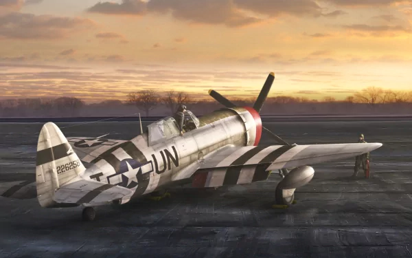 A Republic P-47 Thunderbolt military aircraft parked on a runway at sunset, captured in a high-definition desktop wallpaper.