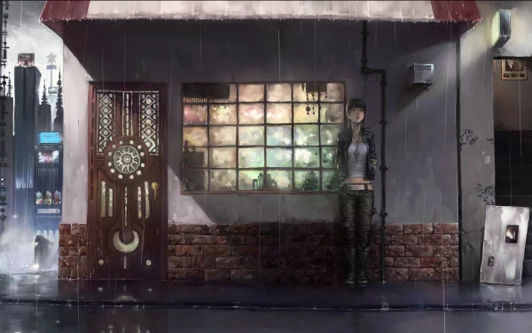 HD desktop wallpaper featuring an anime scene with a person standing in the rain beside an intricately designed building. The dimly lit cityscape and reflections add a moody ambiance.