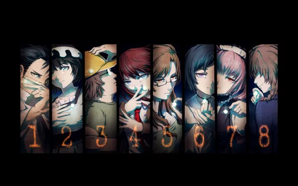 HD desktop wallpaper featuring characters from the anime Steins;Gate: Rintaro Okabe, Mayuri Shiina, Kurisu Makise, Itaru Hashida, Moeka Kiryū, Faris Nyannyan, Ruka Urushibara, and Suzuha Amane, each numbered.