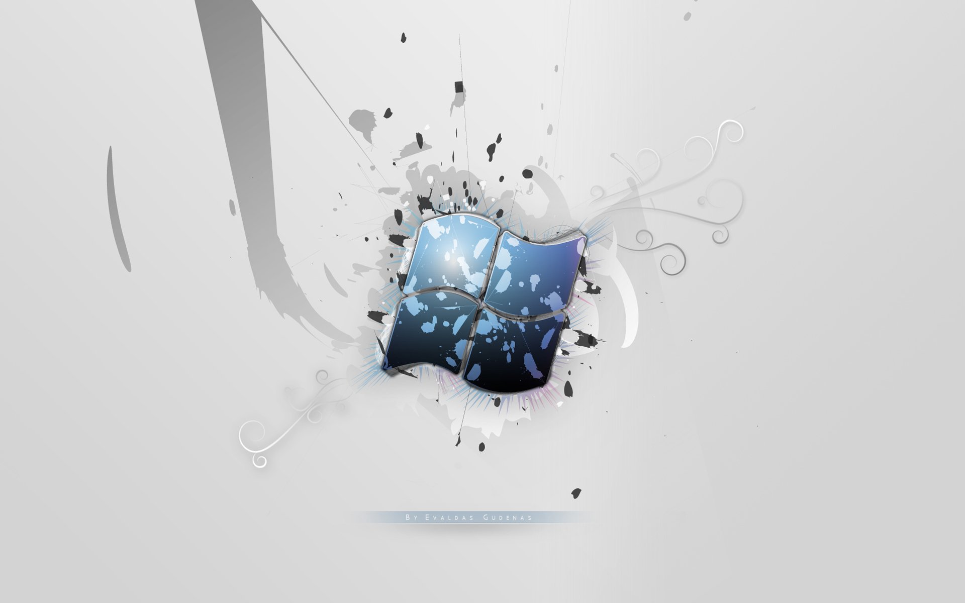 HD PC desktop wallpaper featuring a shattered Windows logo with abstract technology elements on a light gray background.