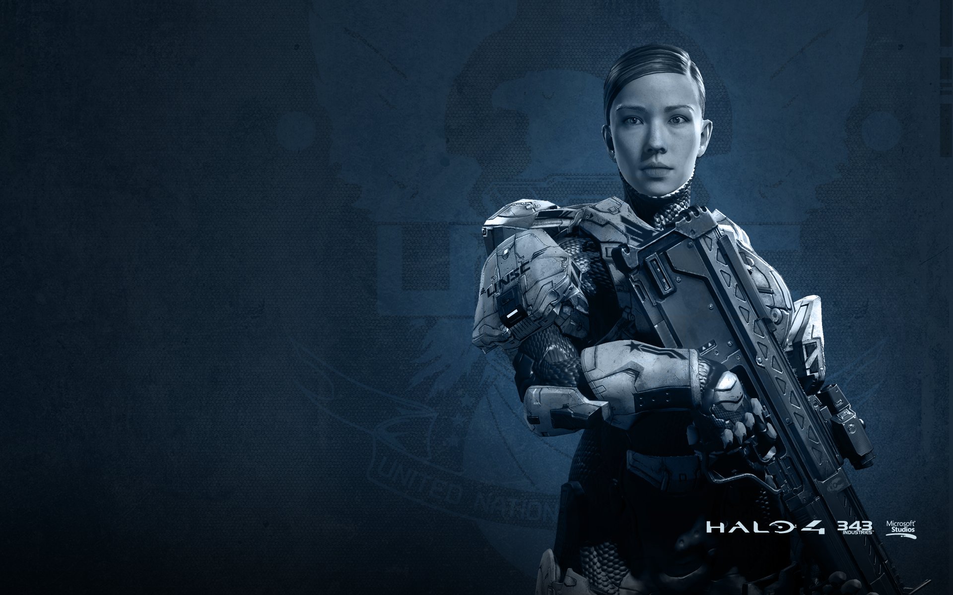 HD PC desktop wallpaper featuring a soldier from the video game Halo 4, set against a dark blue background with the Halo logo and title displayed.