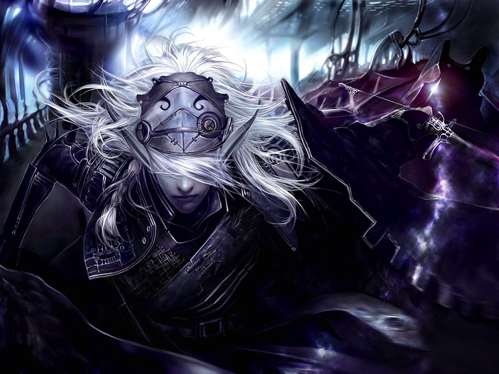 A dramatic fantasy warrior with flowing white hair and a unique helmet, engaged in battle against a dark backdrop, creating an epic HD wallpaper for a powerful atmosphere.