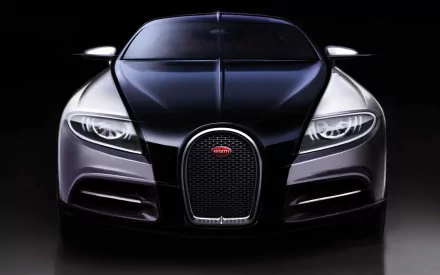 HD desktop wallpaper featuring the front view of a Bugatti Galibier on a dark background.