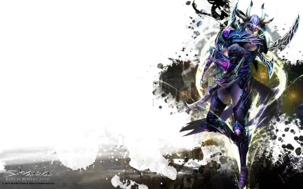 HD PC desktop wallpaper featuring a dark armored character from the video game Shaiya, set against a dynamic white and black splattered background.