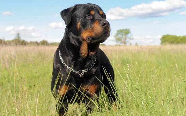 HD desktop wallpaper featuring a Rottweiler standing in a lush, green field under a blue sky with scattered clouds.