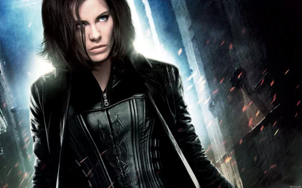 HD PC desktop wallpaper featuring a dark, intense scene from the movie Underworld: Awakening, showcasing a fierce female character in leather attire.