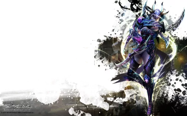 HD PC desktop wallpaper featuring a dark armored character from the video game Shaiya, set against a dynamic white and black splattered background.