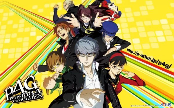 HD PC desktop wallpaper of Persona 4 video game: central protagonist and cast striking dynamic poses on a bright yellow, retro-striped background.