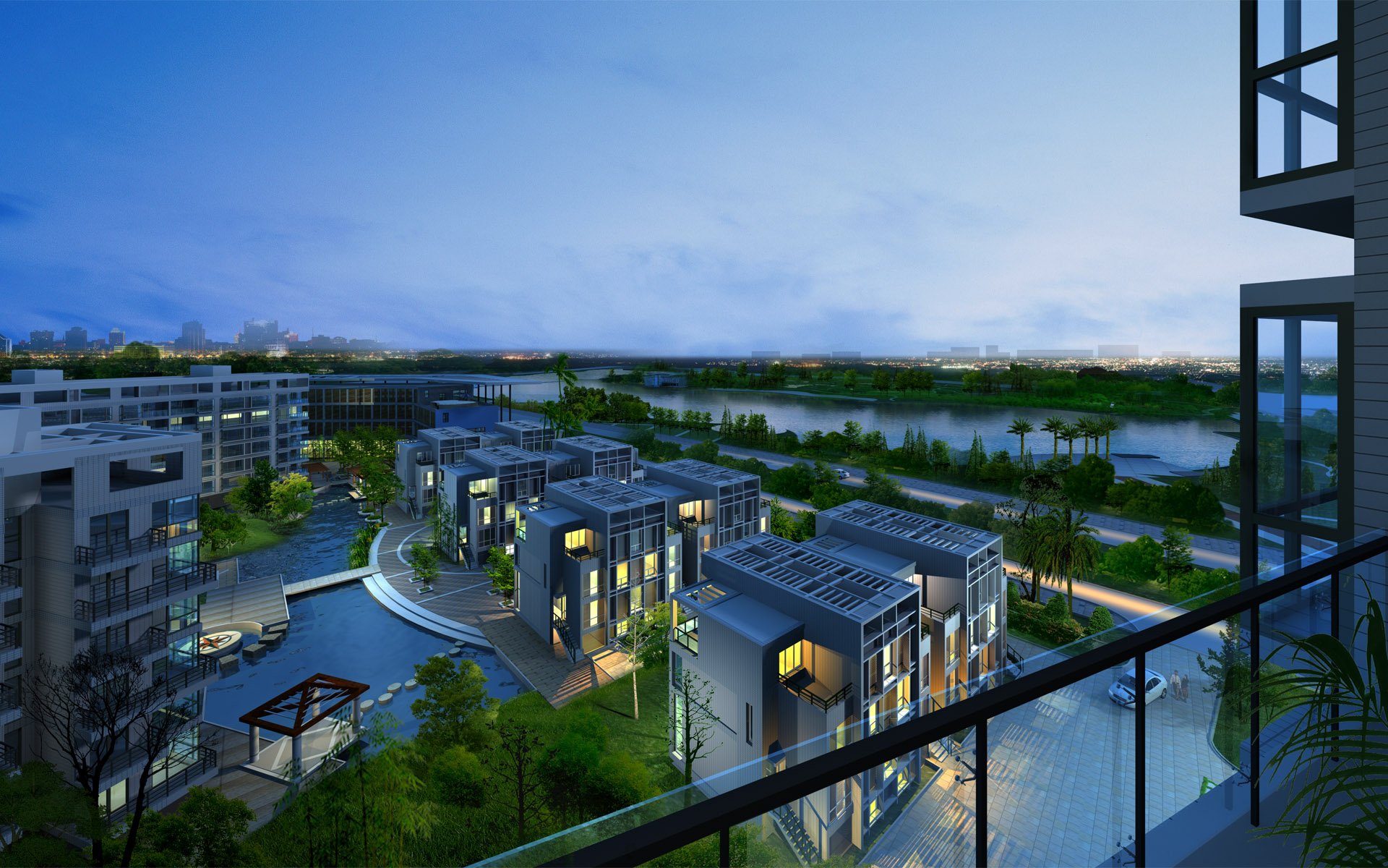 HD PC desktop wallpaper of a modern man-made building complex surrounded by water and greenery under a twilight sky.