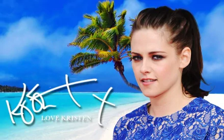 HD desktop wallpaper featuring Kristen Stewart with a tropical beach background and palm tree, overlaid with her autograph and the text Love Kristen.