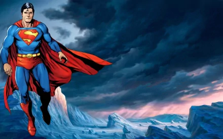 HD comic-style desktop wallpaper featuring Superman standing confidently on a rocky landscape under a dramatic, cloudy sky.
