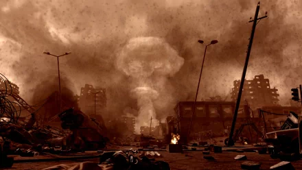 Dramatic scene from Call of Duty: Modern Warfare 3 featuring a post-apocalyptic landscape with a mushroom cloud, showcasing destruction and chaos in a war-torn environment.