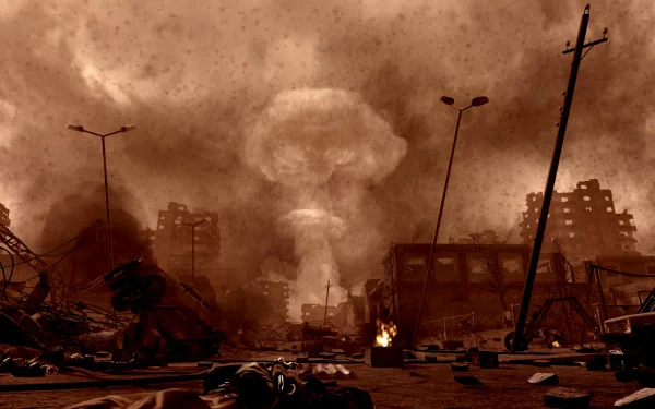 Dramatic scene from Call of Duty: Modern Warfare 3 featuring a post-apocalyptic landscape with a mushroom cloud, showcasing destruction and chaos in a war-torn environment.