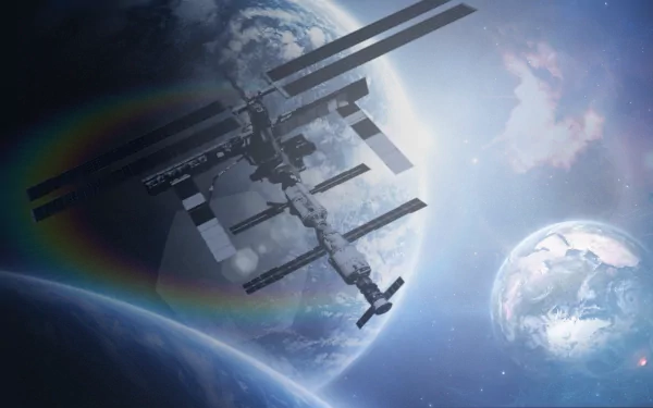 HD NASA wallpaper featuring the International Space Station orbiting Earth with the sun and another planet in the background.