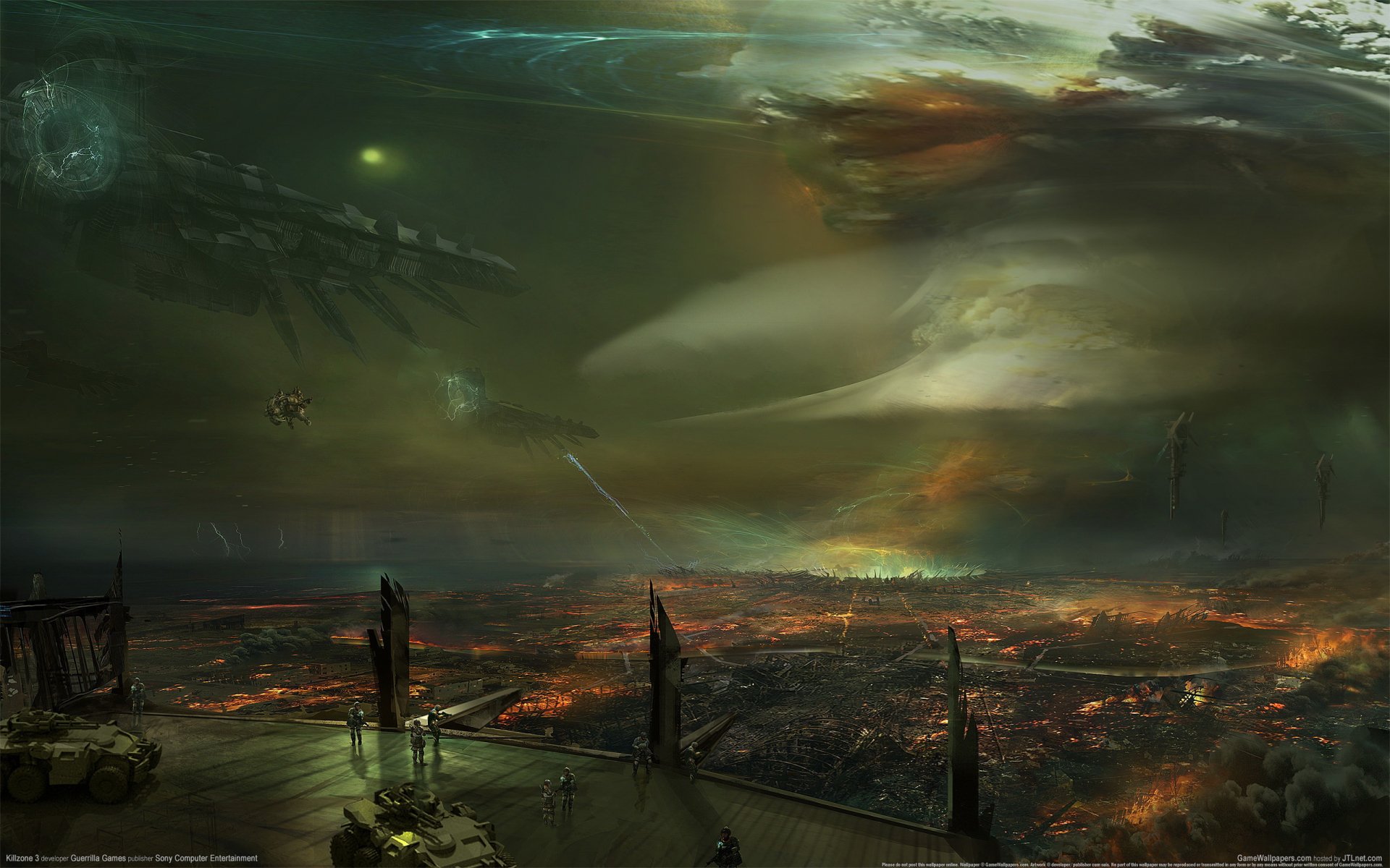 HD PC desktop wallpaper featuring a dark, futuristic battlefield scene from the video game Killzone 3, showcasing a war-torn landscape under a stormy sky.