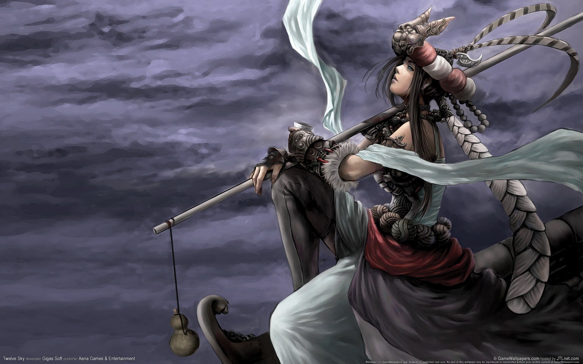 HD desktop wallpaper featuring a character from the video game Twelve Sky, against a dramatic, cloudy sky background. The character is adorned in intricate, fantasy-themed attire and accessories.