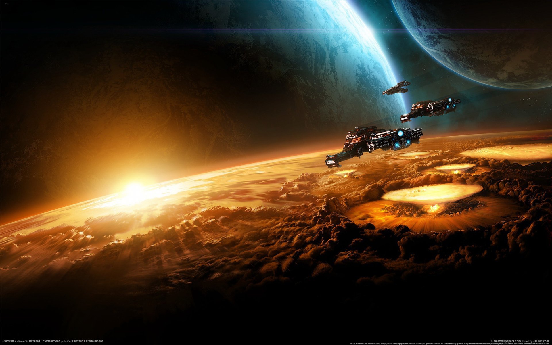 A vivid HD desktop wallpaper from Starcraft II: Wings of Liberty, featuring sleek spaceships soaring over a dramatic alien landscape with a striking sunrise and distant planets.