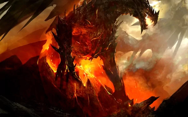A fierce dragon emerges from fiery landscapes in this striking HD wallpaper for the video game Guild Wars 2. Vivid colors and dramatic lighting create an intense atmosphere.