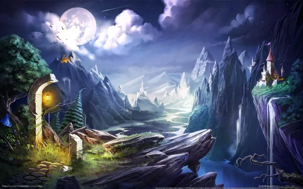 HD PC desktop wallpaper showcasing a mystical landscape from the video game Trine 2, featuring moonlight, mountains, and a castle in a fantasy setting.