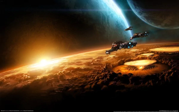 A vivid HD desktop wallpaper from Starcraft II: Wings of Liberty, featuring sleek spaceships soaring over a dramatic alien landscape with a striking sunrise and distant planets.