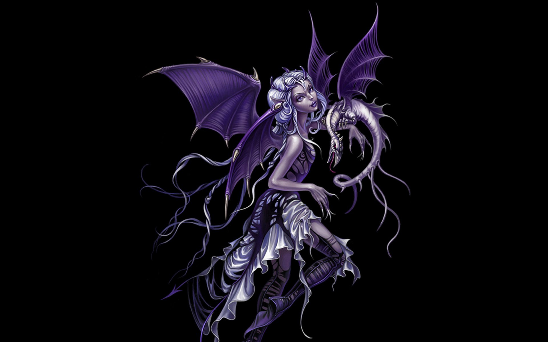 Fantasy HD PC desktop wallpaper depicting a dark angel with purple bat-like wings, intricate armor, and a mystical aura against a black background.