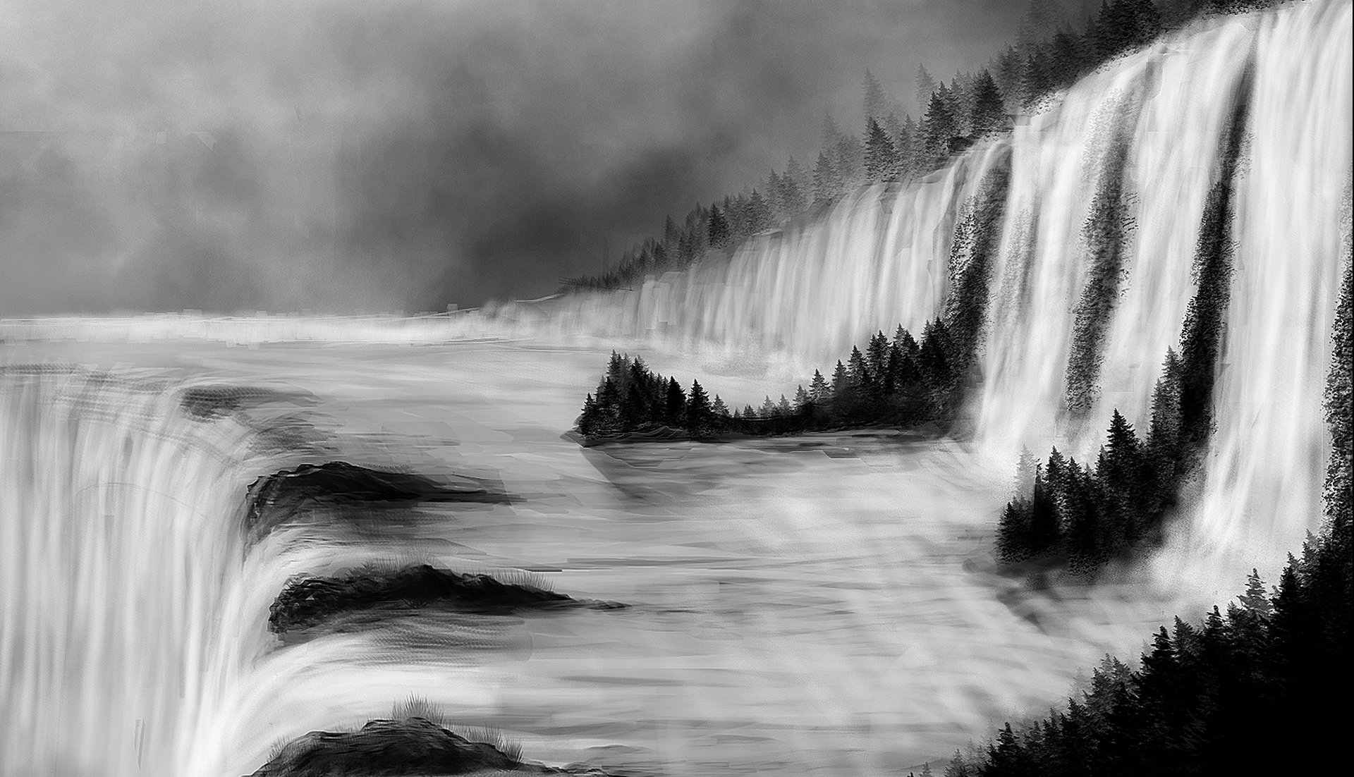 Artistic black and white HD desktop wallpaper featuring a dramatic waterfall cascading through a misty forest landscape.