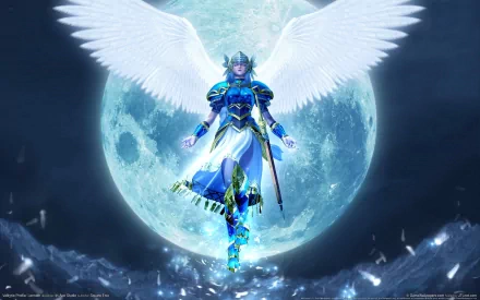 HD PC desktop wallpaper featuring a Valkyrie character from the video game Valkyrie Profile, glowing with white wings against a luminous full moon background.