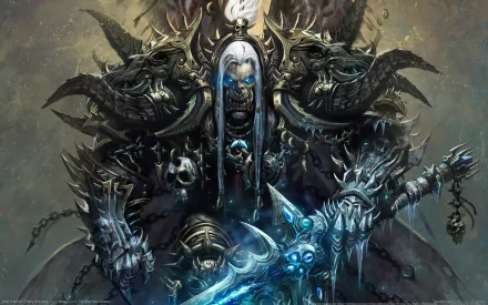 An HD wallpaper featuring Ner'zhul from World of Warcraft, showcasing his imposing figure adorned with dark armor and wielding a powerful sword, set against an ominous background.