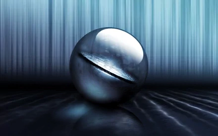 Abstract artistic HD PC desktop wallpaper featuring a reflective metallic sphere with a diagonal groove, set against a vertical blue gradient background.