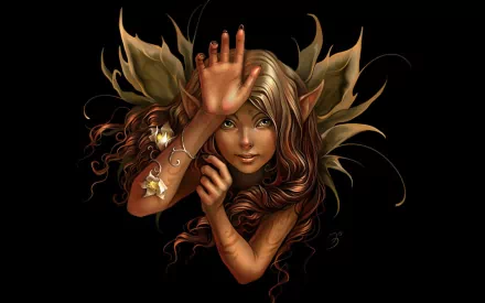 A captivating fantasy fairy with green eyes, pointed ears, and elegant wings emerges against a dark backdrop, featuring intricate details and a whimsical charm.