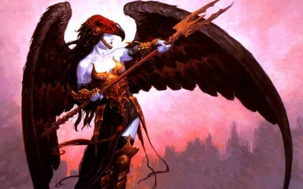 HD desktop wallpaper of a Magic: The Gathering character, a fierce winged warrior holding a fiery spear, set against a moody, pink-hued sky background.