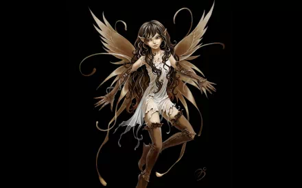 A fantasy-themed HD desktop wallpaper featuring a whimsical fairy with delicate wings, striking a dynamic pose against a dark background.