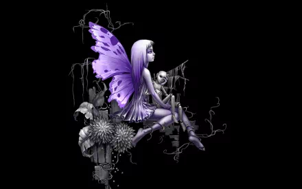 A mystical fairy with purple wings sits against a dark backdrop, surrounded by abstract elements and flowers, creating a captivating fantasy scene for a HD PC desktop wallpaper.